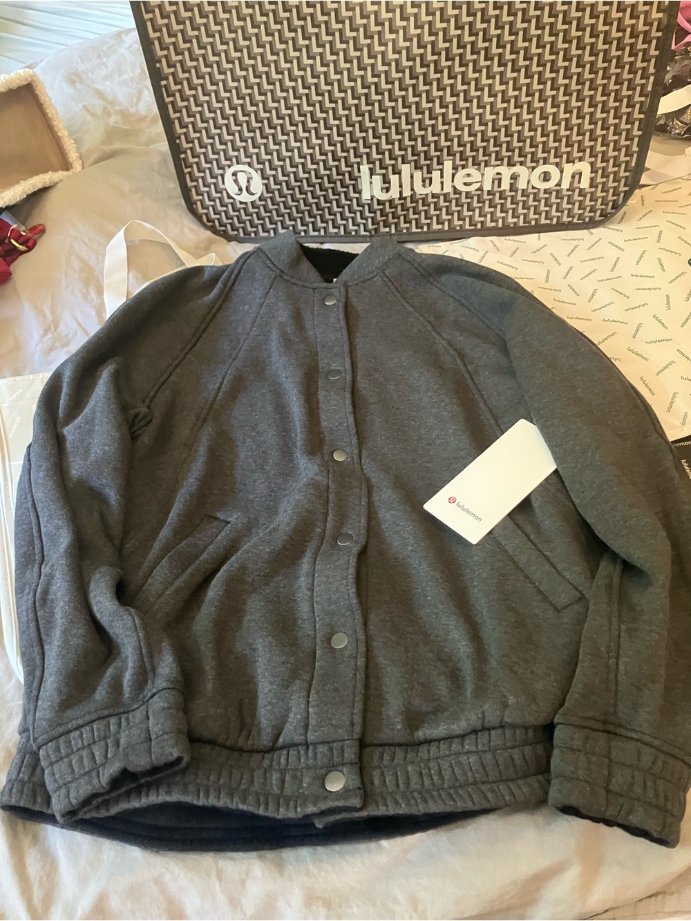 NWT Lululemon Scuba Oversized Varsity Jacket *Plush, XS/S, Heathered Core Black